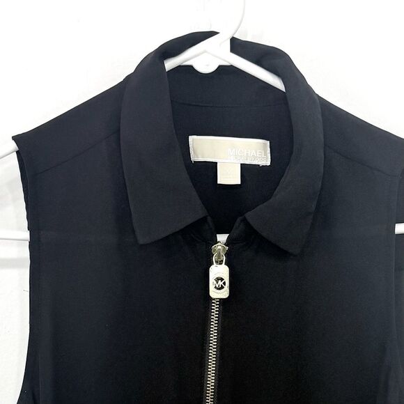 MICHAEL Michael Kors Black Semi Sheer Collared Gold Half Zip Sleeveless Blouse - Picture 4 of 14